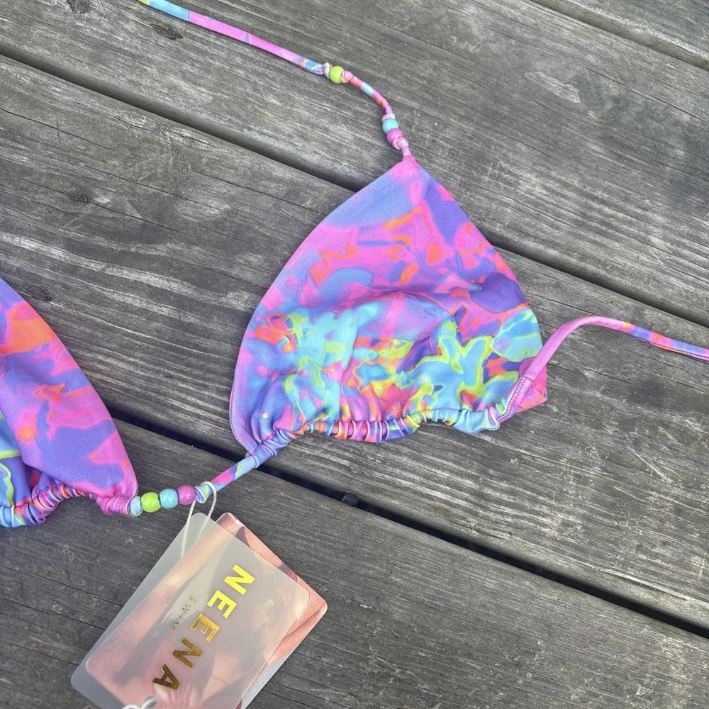 NWT Neena Triangle Bikini String Top Large Batch A Purple Print